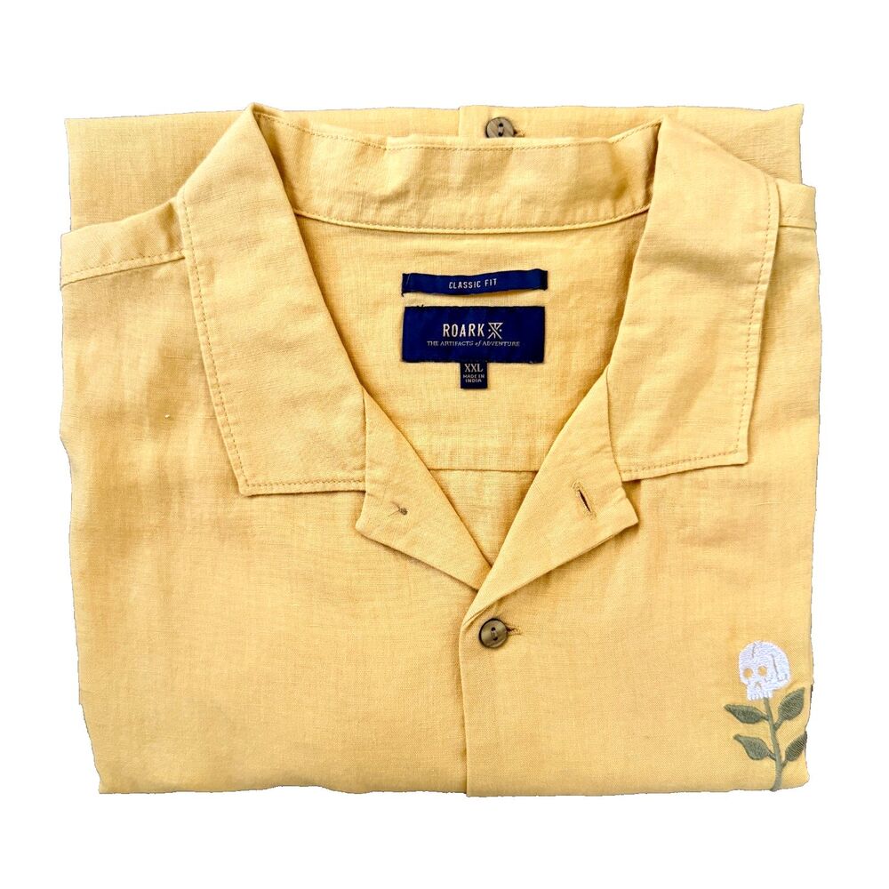 Roark Collared Button Up Short Sleeve Shirt Skull Flower Golden Yellow Men's XXL